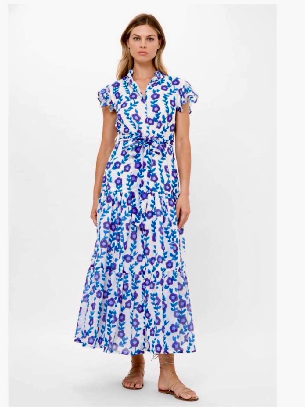 Oliphant Ruffle Collar Button Maxi Dress Floral Toscana Blue